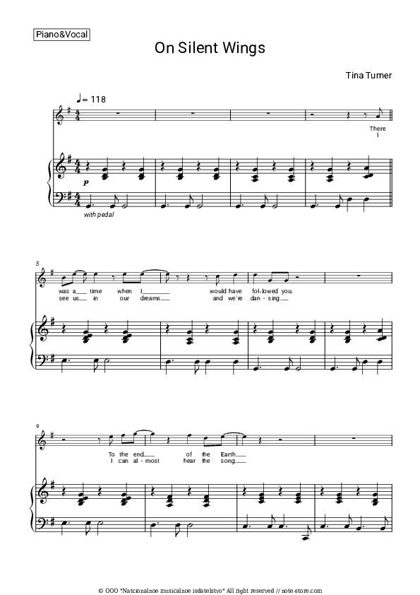 On Silent Wings - Tina Turner Piano Sheet Music with the Voice part - Piano&Vocal