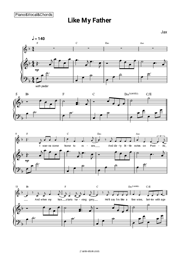 Like My Father - Jax Piano Sheet Music with the Vocal and Chords - Piano&Vocal&Chords