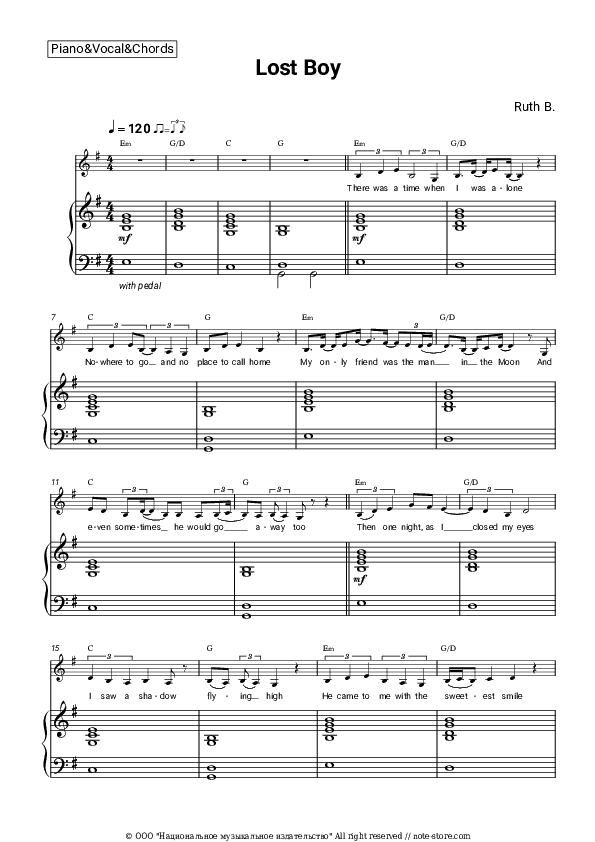 Lost Boy - Ruth B. Piano Sheet Music with the Vocal and Chords - Piano&Vocal&Chords