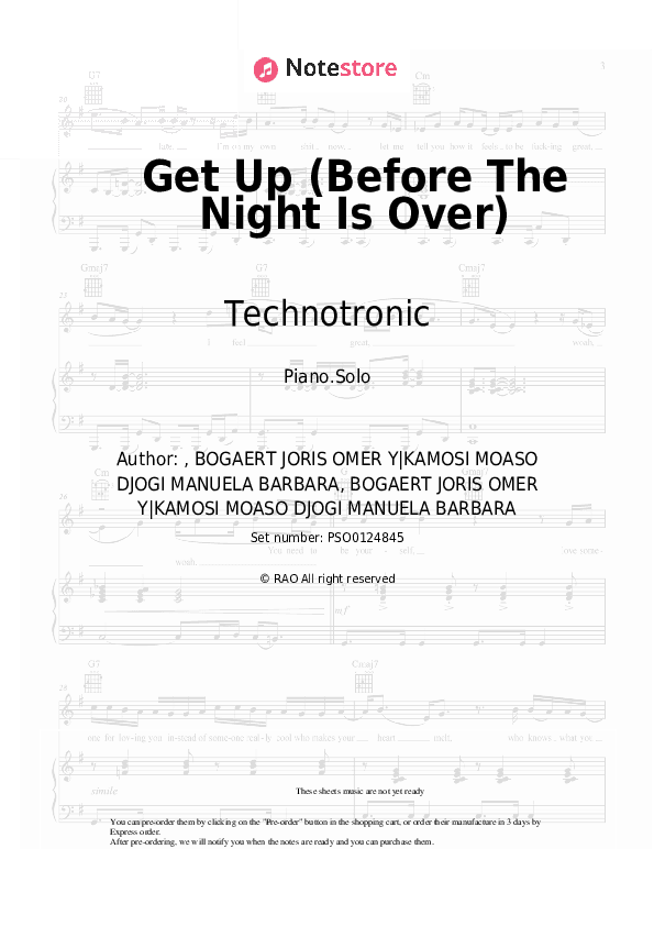 Get Up (Before The Night Is Over) - Technotronic Piano Sheet Music - Piano.Solo