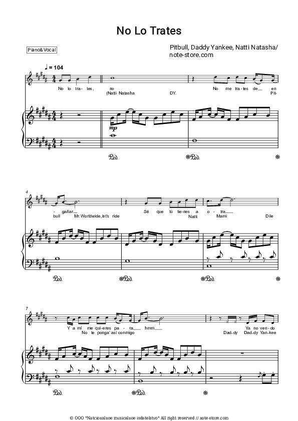 No Lo Trates - Pitbull, Daddy Yankee, Natti Natasha Piano Sheet Music with the Voice part - Piano&Vocal