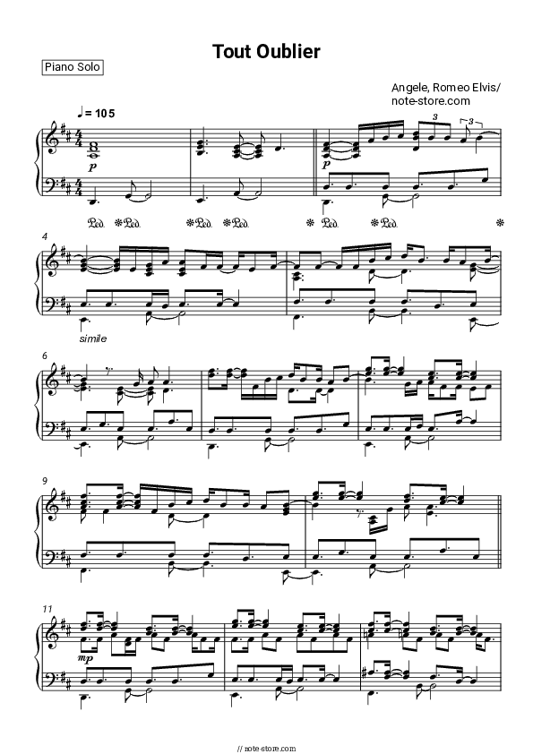 Tout Oublier - Angèle, Roméo Elvis Piano Sheet Music - Piano.Solo