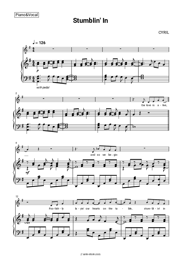 Stumblin' In - CYRIL Piano Sheet Music with the Voice part - Piano&Vocal