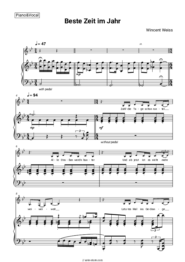 Beste Zeit im Jahr - Wincent Weiss Piano Sheet Music with the Voice part - Piano&Vocal