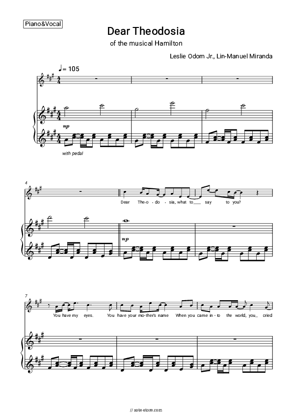 Dear Theodosia (of the musical Hamilton) - Leslie Odom Jr., Lin-Manuel Miranda Piano Sheet Music with the Voice part - Piano&Vocal