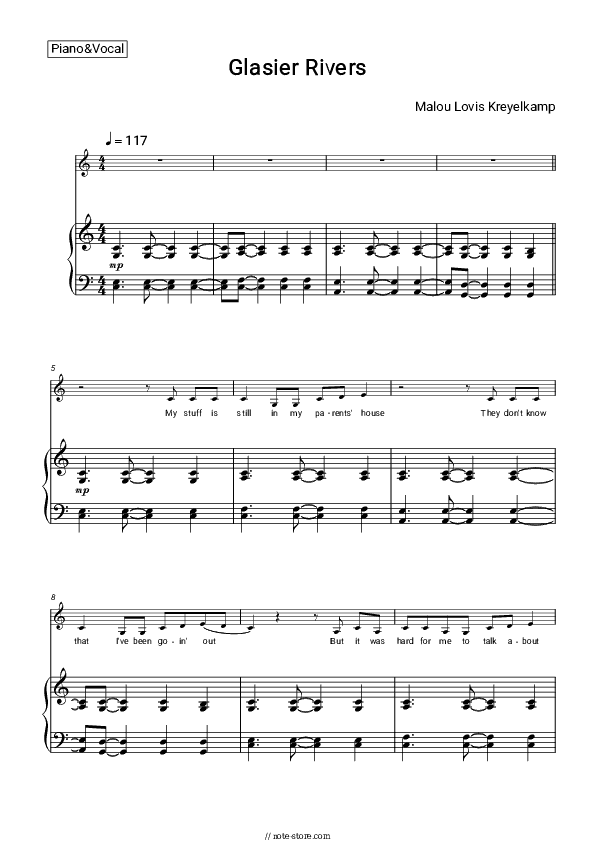 Glacier Rivers - Malou Lovis Kreyelkamp Piano Sheet Music with the Voice part - Piano&Vocal