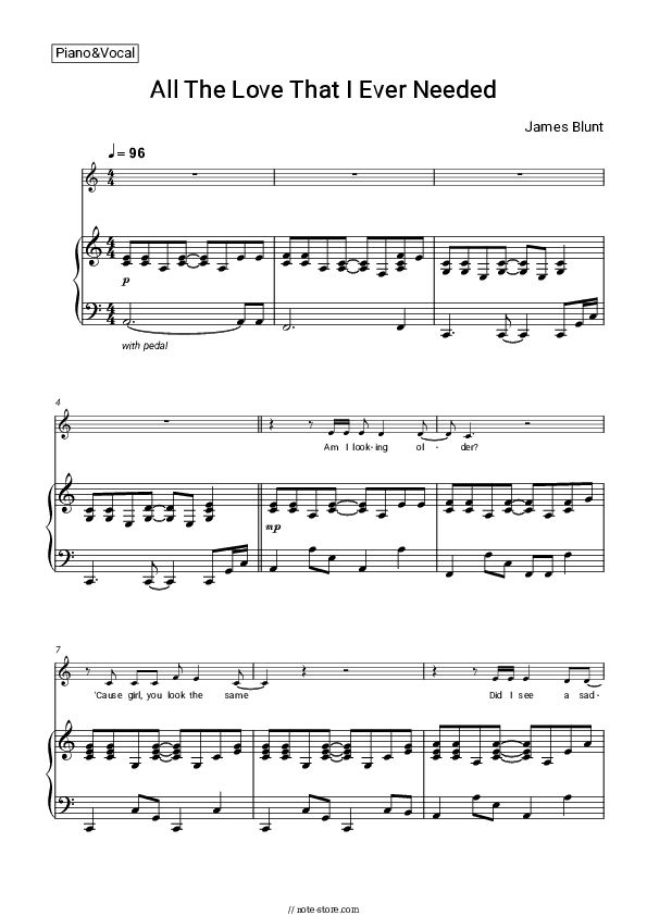 All The Love That I Ever Needed - James Blunt Piano Sheet Music with the Voice part - Piano&Vocal