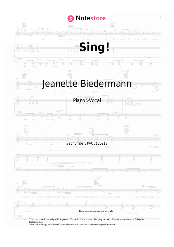 Sing! - Jeanette Biedermann Piano Sheet Music with the Voice part - Piano&Vocal