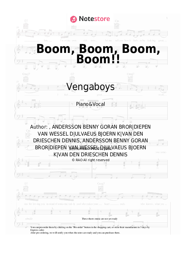Boom, Boom, Boom, Boom!! - Vengaboys Piano Sheet Music with the Voice part - Piano&Vocal