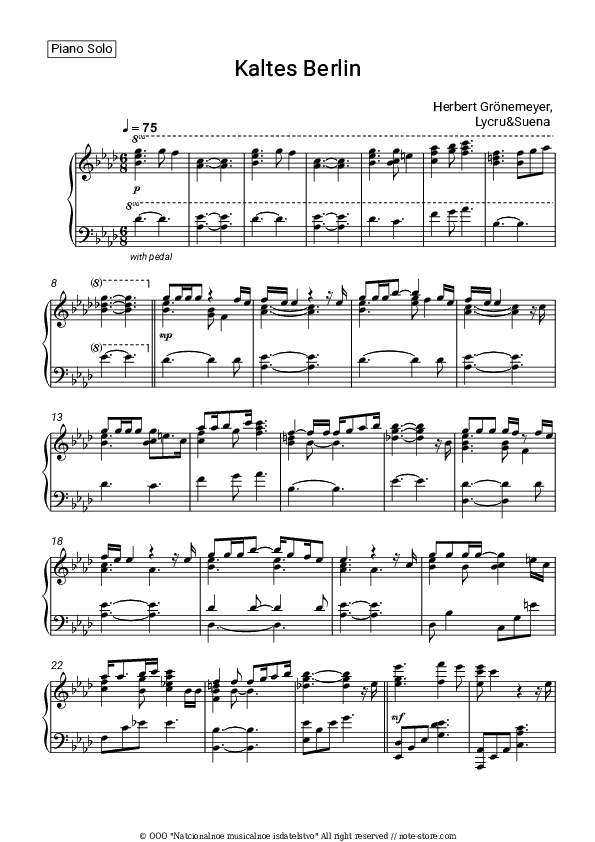 Kaltes Berlin - Herbert Grönemeyer, Lucry, Suena Piano Sheet Music - Piano.Solo
