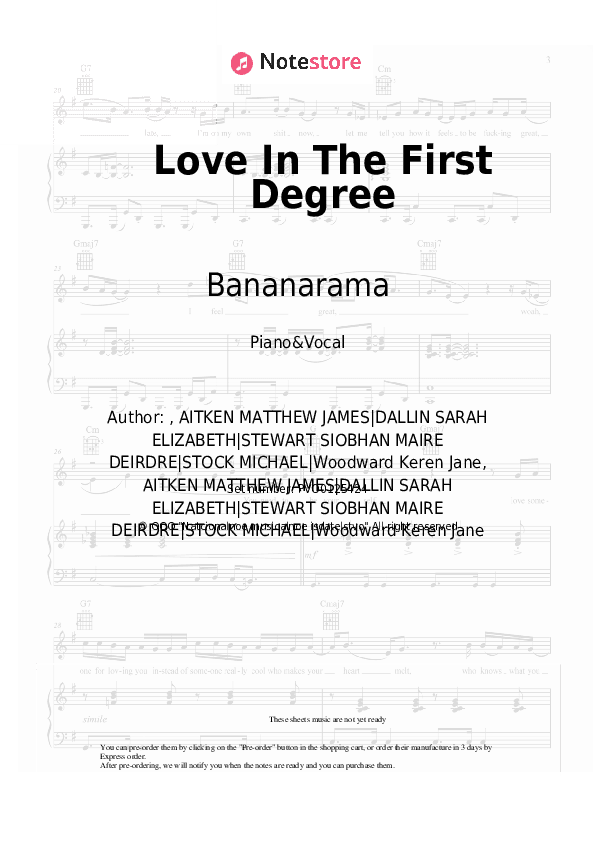 Love In The First Degree - Bananarama Piano Sheet Music with the Voice part - Piano&Vocal