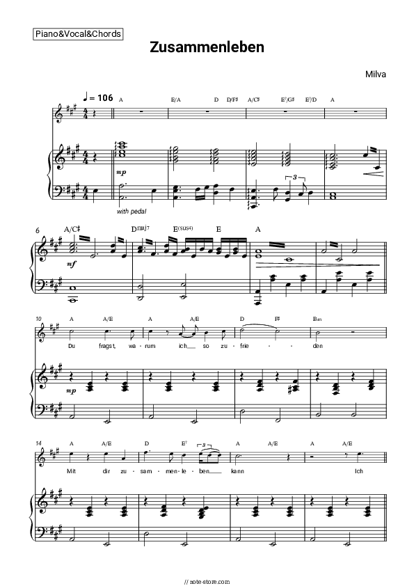 Zusammenleben - Milva Piano Sheet Music with the Vocal and Chords - Piano&Vocal&Chords