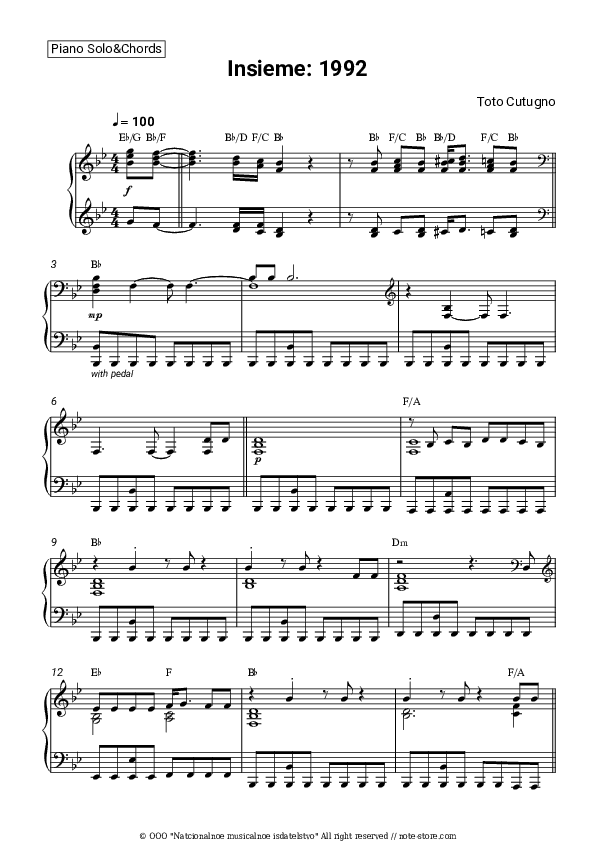 Insieme: 1992 - Toto Cutugno Piano Sheet Music and Chords - Piano.Solo&Chords