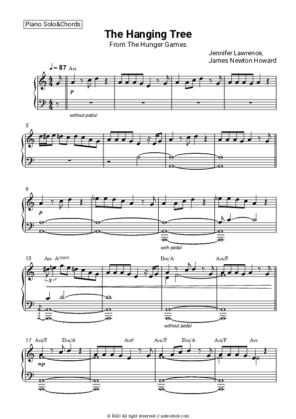 The Hanging Tree (From The Hunger Games) - Jennifer Lawrence, James Newton Howard Piano Sheet Music and Chords - Piano.Solo&Chords