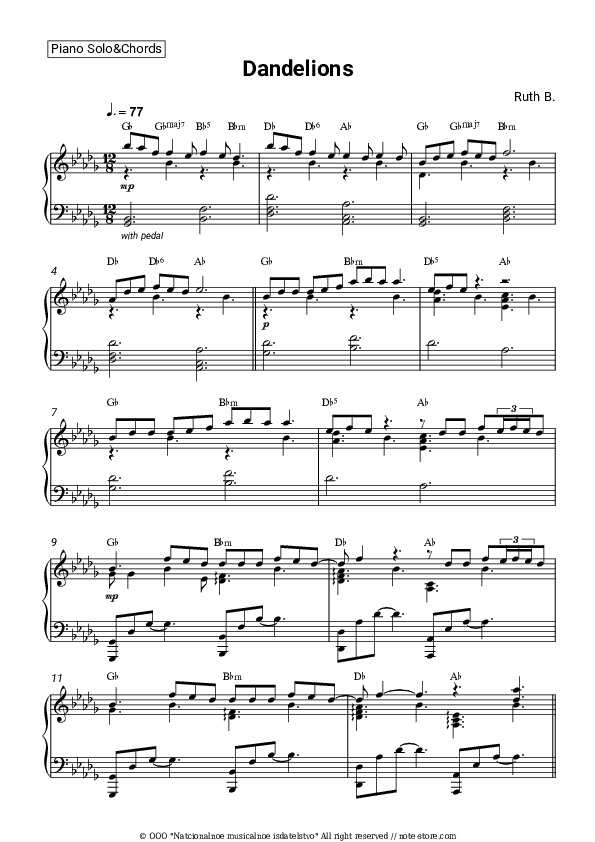 Dandelions - Ruth B. Piano Sheet Music and Chords - Piano.Solo&Chords