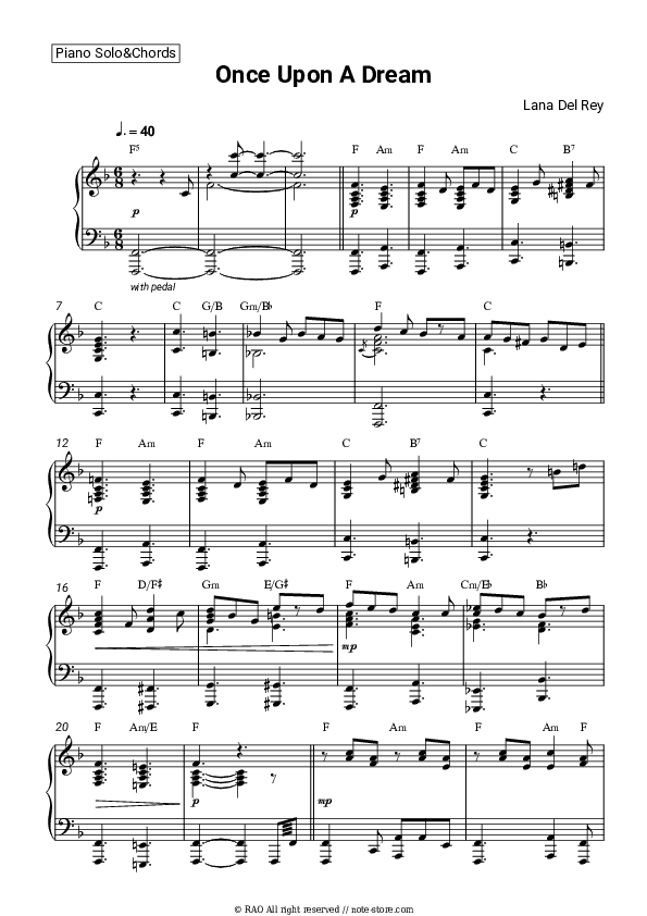 Once Upon A Dream - Lana Del Rey Piano Sheet Music and Chords - Piano.Solo&Chords