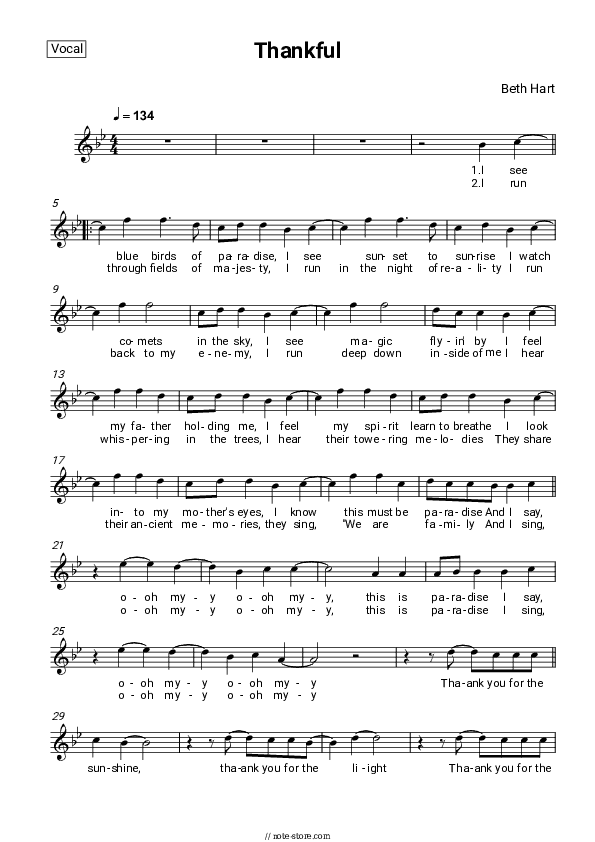 Thankful - Beth Hart Vocal Sheet Music - Vocal