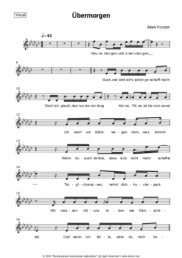 Übermorgen - Mark Forster Vocal Sheet Music - Vocal