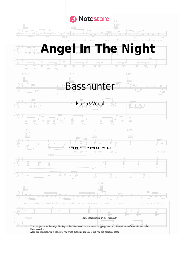 Angel In The Night - Basshunter Piano Sheet Music with the Voice part - Piano&Vocal
