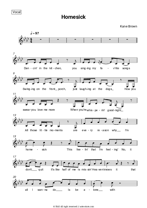 Homesick - Kane Brown Vocal Sheet Music - Vocal