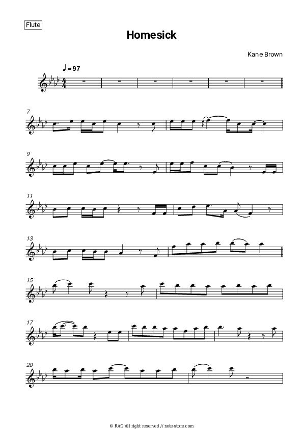 Homesick - Kane Brown Flute Sheet Music - Flute