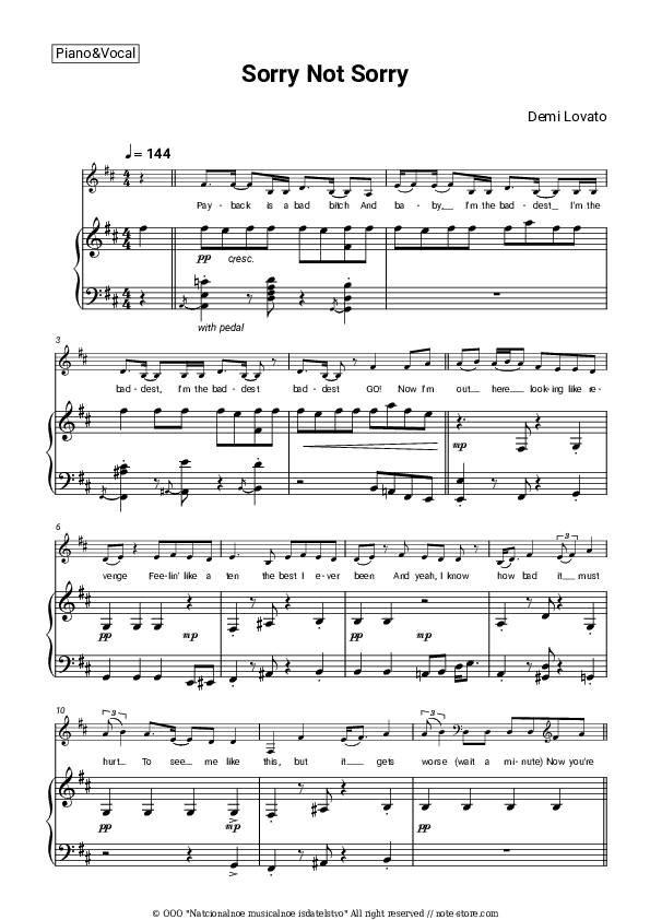 Sorry Not Sorry - Demi Lovato Piano Sheet Music with the Voice part - Piano&Vocal