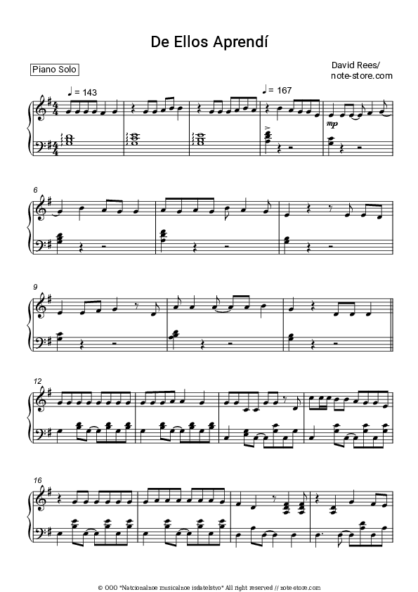 De Ellos Aprendí - David Rees Piano Sheet Music - Piano.Solo