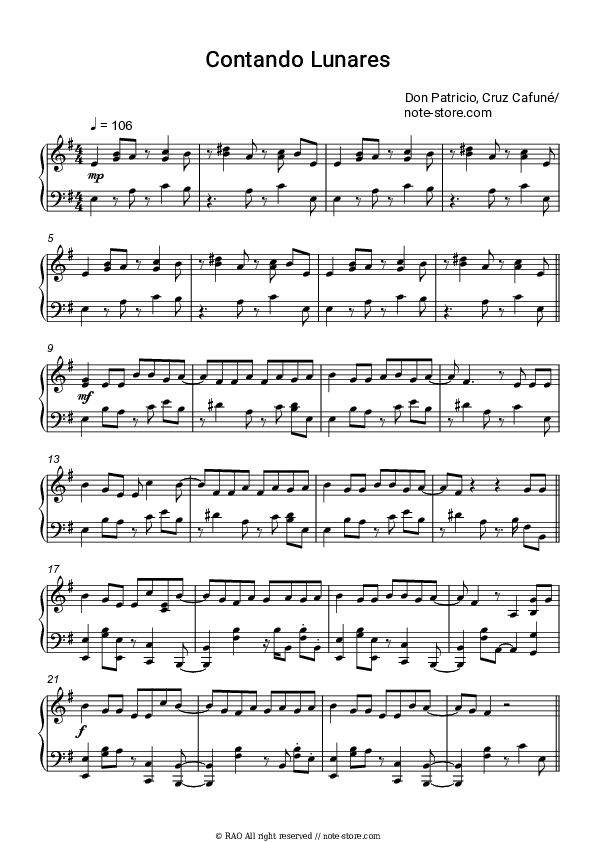 Contando Lunares - Don Patricio, Cruz Cafuné Piano Sheet Music Easy - Piano.Easy