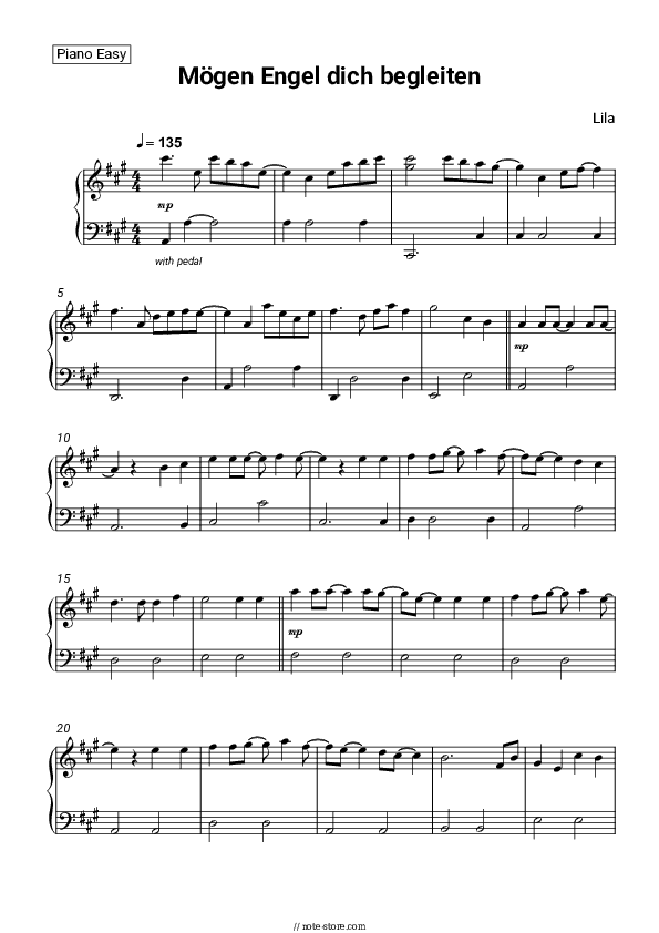 Mögen Engel dich begleiten - Lila Piano Sheet Music Easy - Piano.Easy