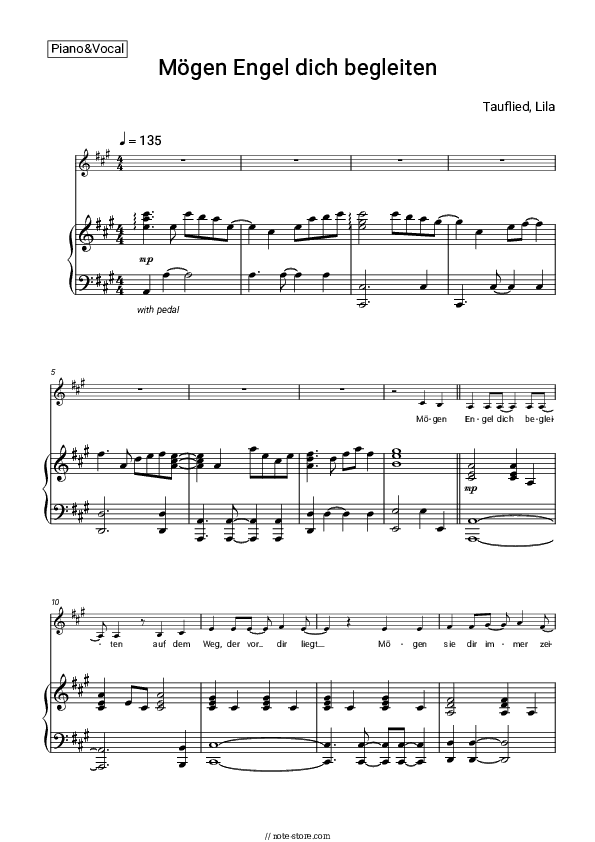 Mögen Engel dich begleiten - Lila Piano Sheet Music with the Voice part - Piano&Vocal