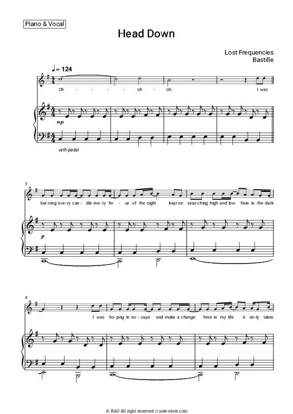 Head Down - Lost Frequencies, Bastille Piano Sheet Music with the Voice part - Piano&Vocal