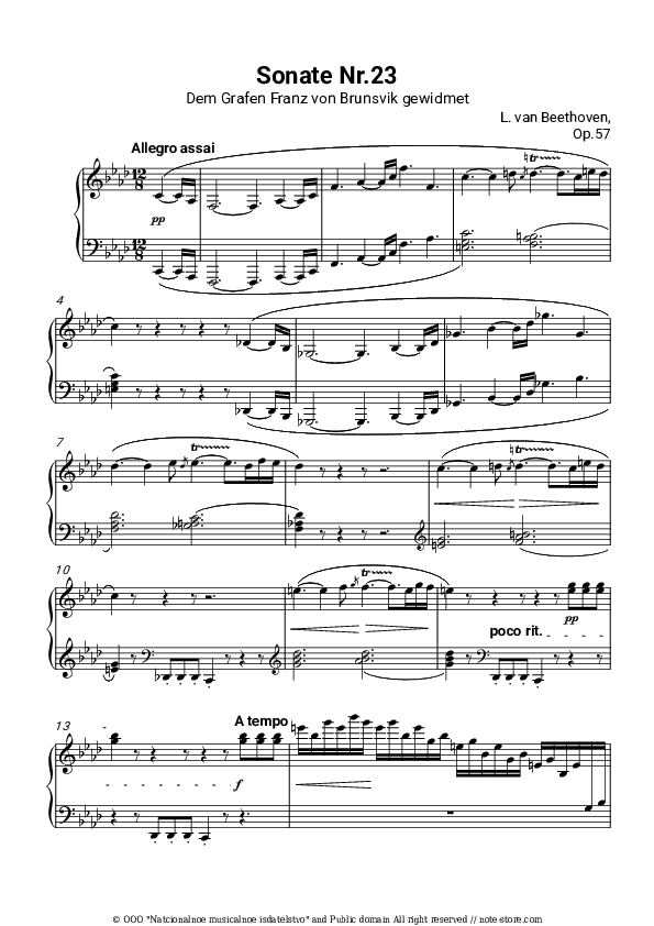 Piano Sonata Op. 57 No. 23 (Appassionata) I. Allegro assai - Ludwig van Beethoven Piano Sheet Music - Piano.Solo
