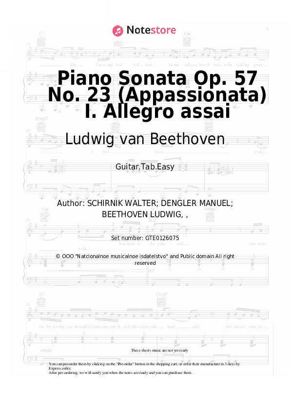 Piano Sonata Op. 57 No. 23 (Appassionata) I. Allegro assai - Ludwig van Beethoven Tabs Easy - Guitar.Tab.Easy