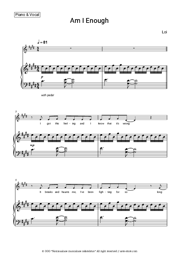 Am I Enough - Loi Piano Sheet Music with the Voice part - Piano&Vocal