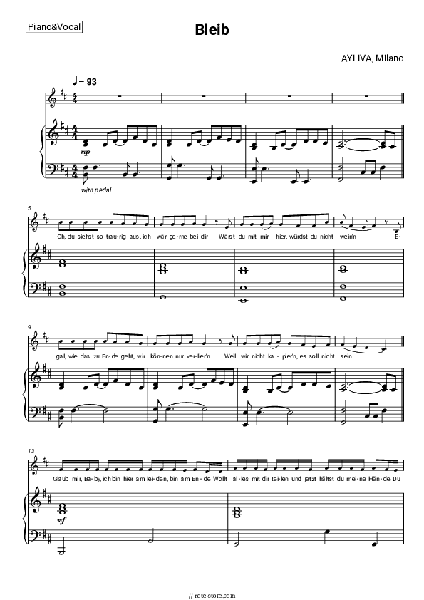 Bleib - AYLIVA, Milano Piano Sheet Music with the Voice part - Piano&Vocal