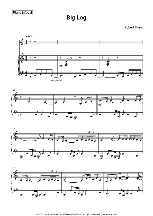 Big Log - Robert Plant Piano Sheet Music with the Voice part - Piano&Vocal