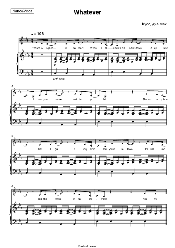 Whatever - Kygo, Ava Max Piano Sheet Music with the Voice part - Piano&Vocal