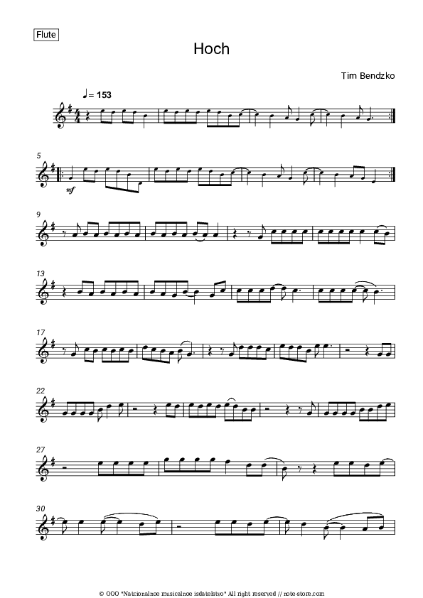 Hoch - Tim Bendzko Flute Sheet Music - Flute