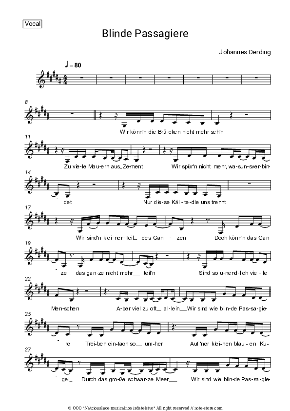 Blinde Passagiere - Johannes Oerding Vocal Sheet Music - Vocal