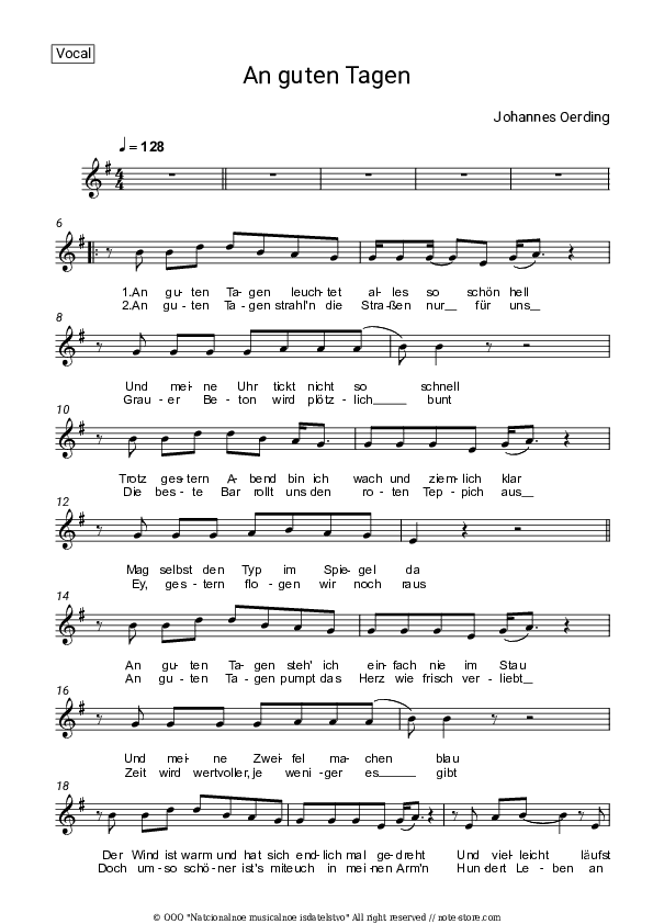An guten Tagen - Johannes Oerding Vocal Sheet Music - Vocal