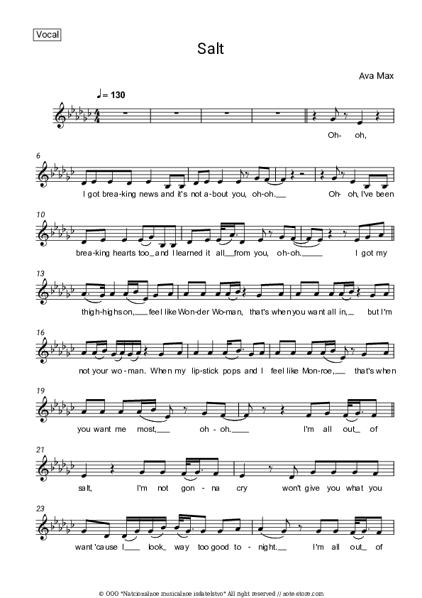 Salt - Ava Max Vocal Sheet Music - Vocal