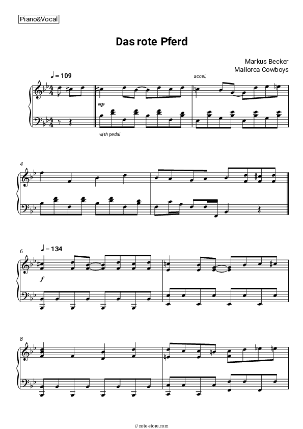 Das rote Pferd - Markus Becker, Mallorca Cowboys Piano Sheet Music with the Voice part - Piano&Vocal