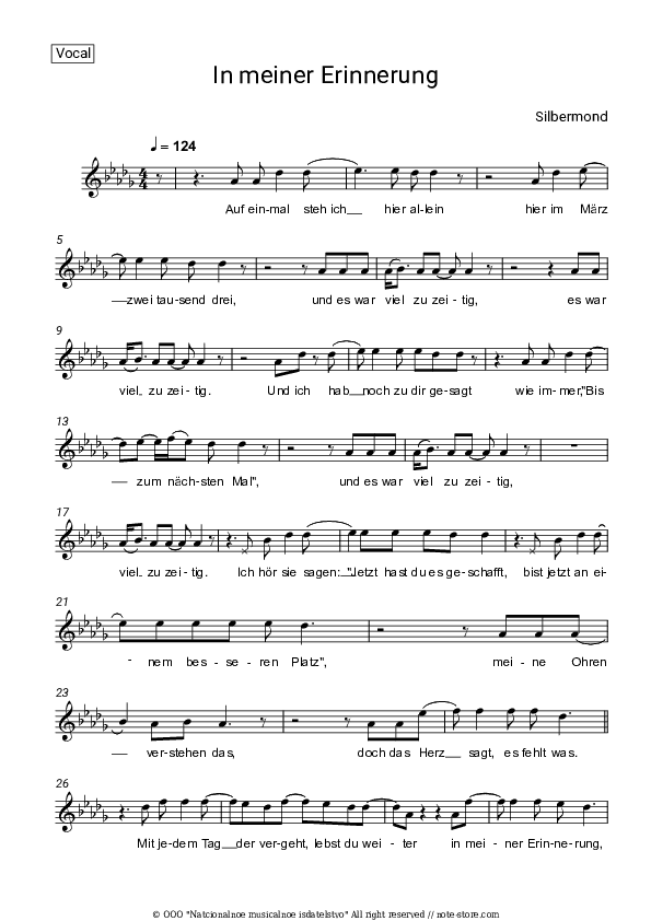 In meiner Erinnerung - Silbermond Vocal Sheet Music - Vocal