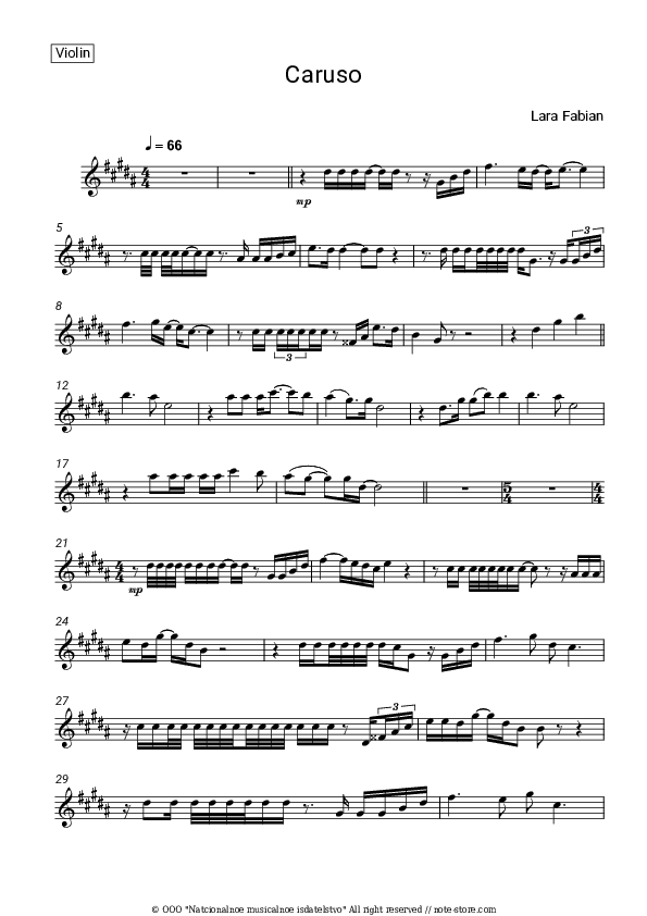 Caruso - Lara Fabian Violin Sheet Music - Violin