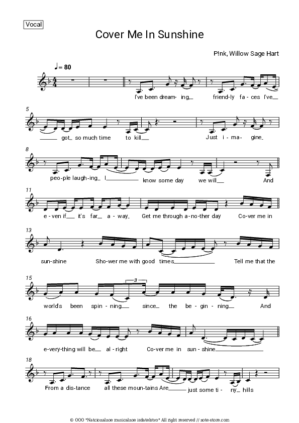 Cover Me In Sunshine - , Vocal Sheet Music - Vocal