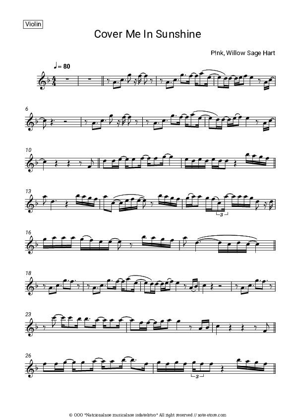 Cover Me In Sunshine - , Violin Sheet Music - Violin