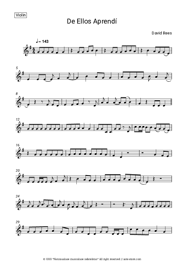 De Ellos Aprendí - David Rees Violin Sheet Music - Violin
