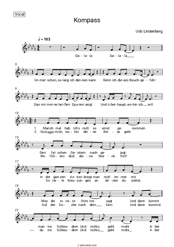 Kompass - Udo Lindenberg Vocal Sheet Music - Vocal