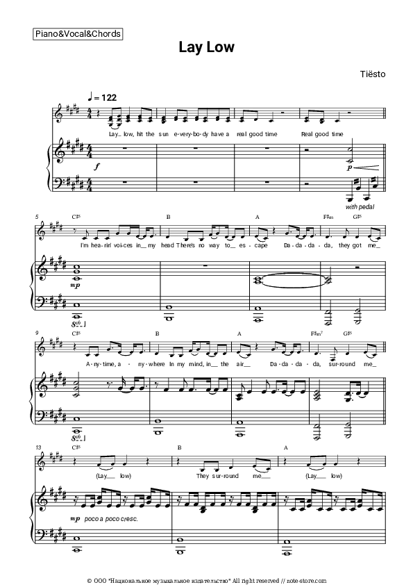 Lay Low - Tiësto Piano Sheet Music with the Vocal and Chords - Piano&Vocal&Chords