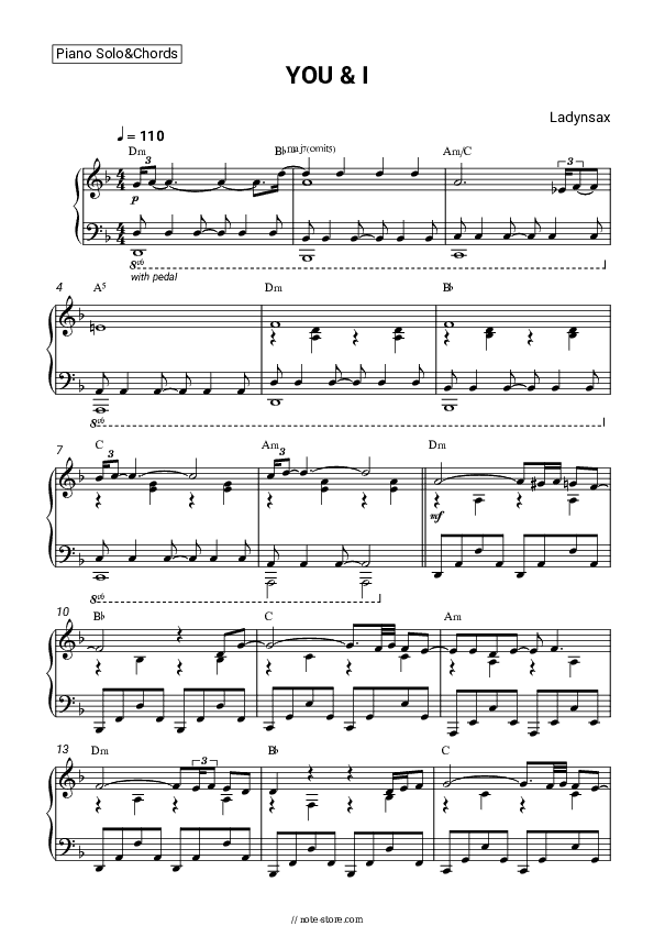 YOU & I - Ladynsax Piano Sheet Music and Chords - Piano.Solo&Chords